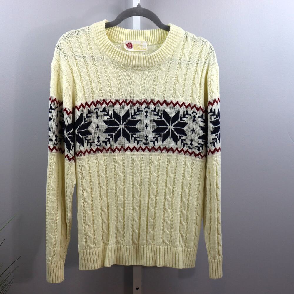 Vintage Kings Road Sears Snowflake Sweater Cream Cable Knit‎ Sz M